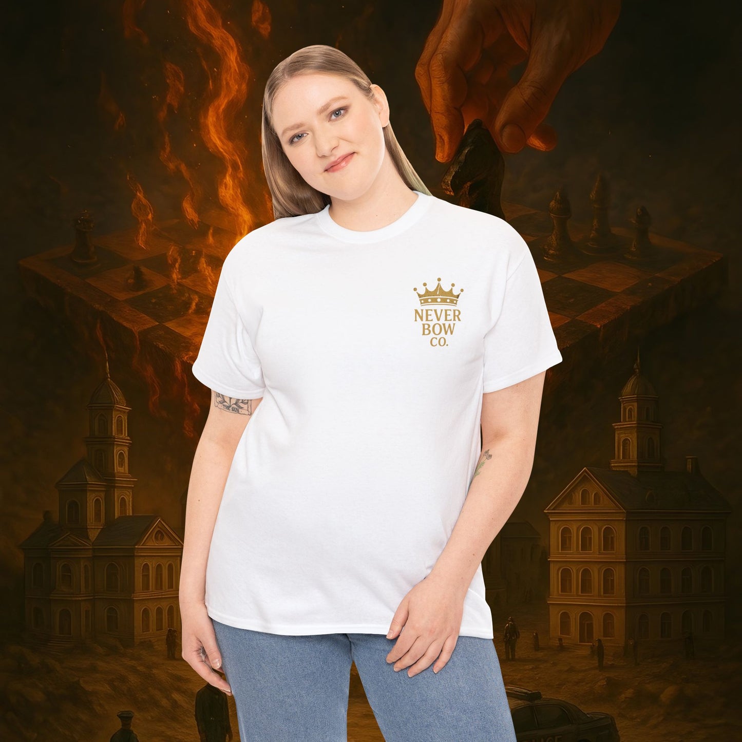 (Heavy Tee) Never Bow Co. Chess Series Tee – “The Game Is Over” | Statement tee featuring the iconic chessboard design — a symbol of battles fought and finished. Built for warriors who refuse to bow, it declares checkmate to the system with style.