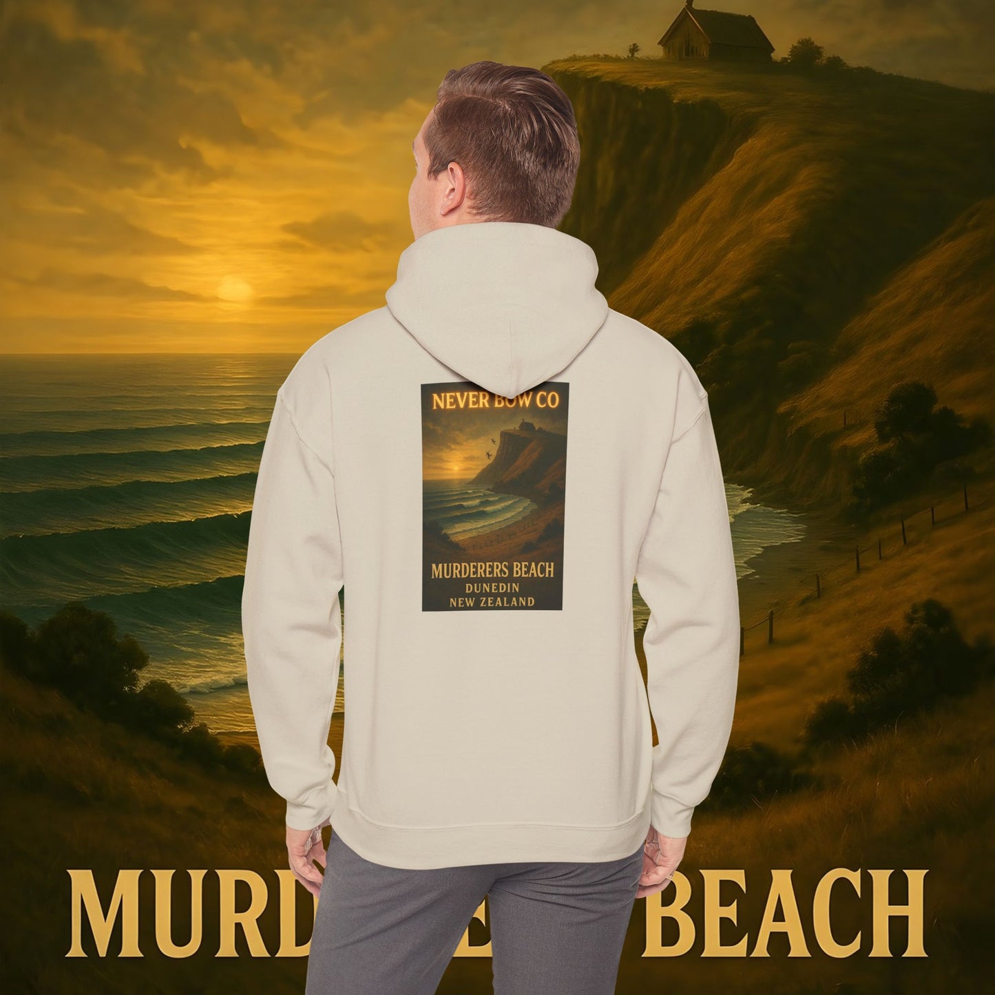 Never Bow Co. “Murderers Beach” | A tribute to Murderers Beach, where spirit outlives time. Heavy hoodie crafted for rebels, adventurers, and truth seekers. Cozy strength, bold art, and ocean legend woven into every stitch. Never Bow.