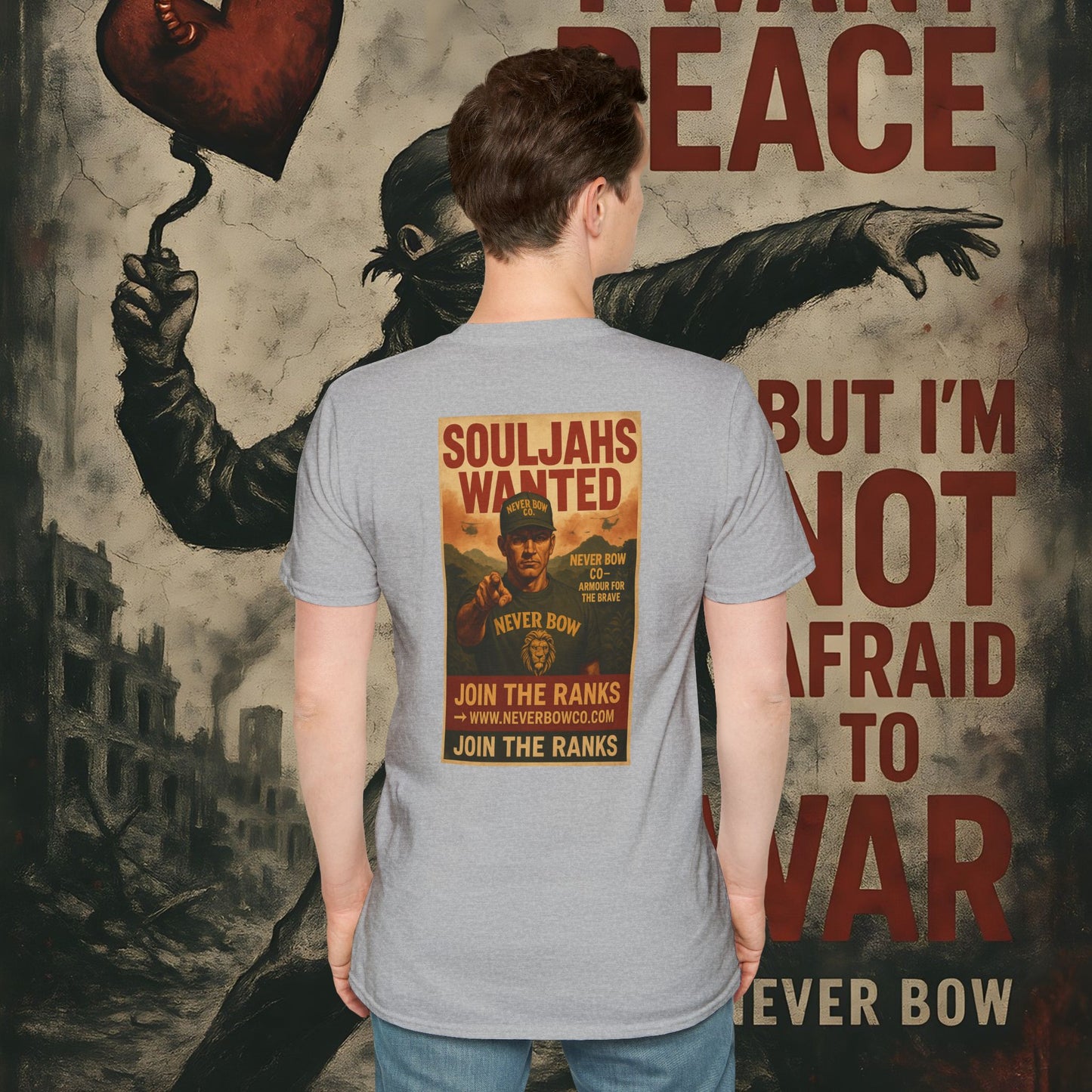 Never Bow Co. “SoulJahs Wanted” Tee | SoulJahs, Divine Souls — this is your calling. Armour for rebels who refuse chains. Vintage war-poster design, lion crest strength, built to outlast empires. Join the ranks. Never Bow.