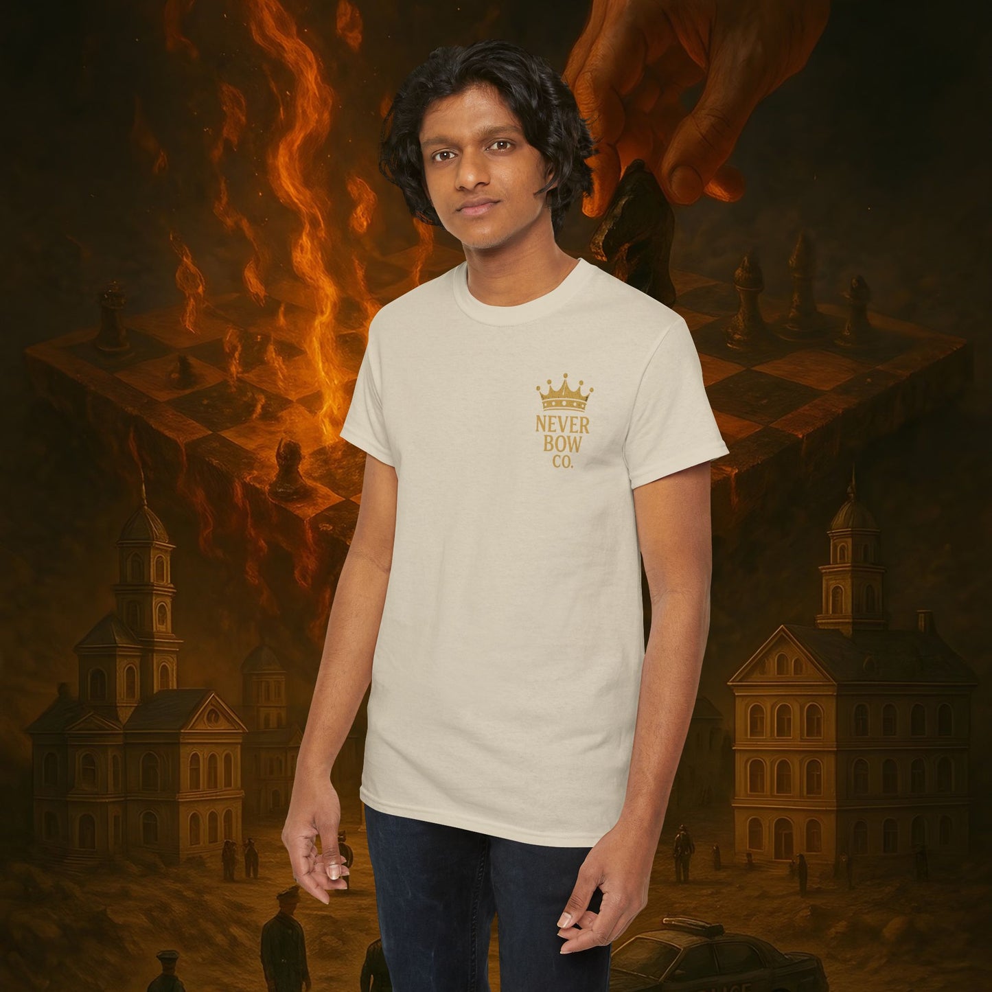 (Heavy Tee) Never Bow Co. Chess Series Tee – “The Game Is Over” | Statement tee featuring the iconic chessboard design — a symbol of battles fought and finished. Built for warriors who refuse to bow, it declares checkmate to the system with style.
