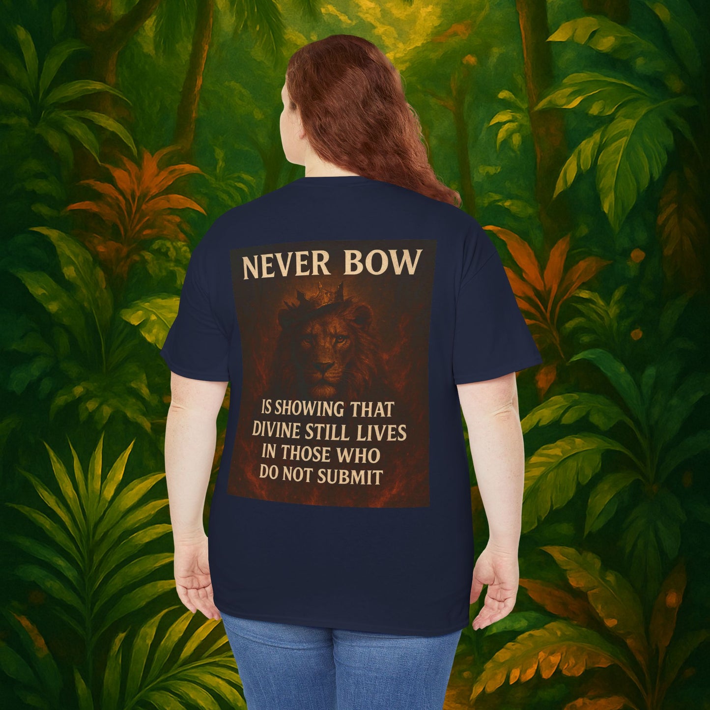 (Heavy Tee) Never Bow Co “Divine Still Lives” Statement Shirt | The Divine Still Lives "Heavy Tee" carries defiance: “Divine still lives in those who don’t submit.” A unisex cut for warriors, rebels, and truth seekers.