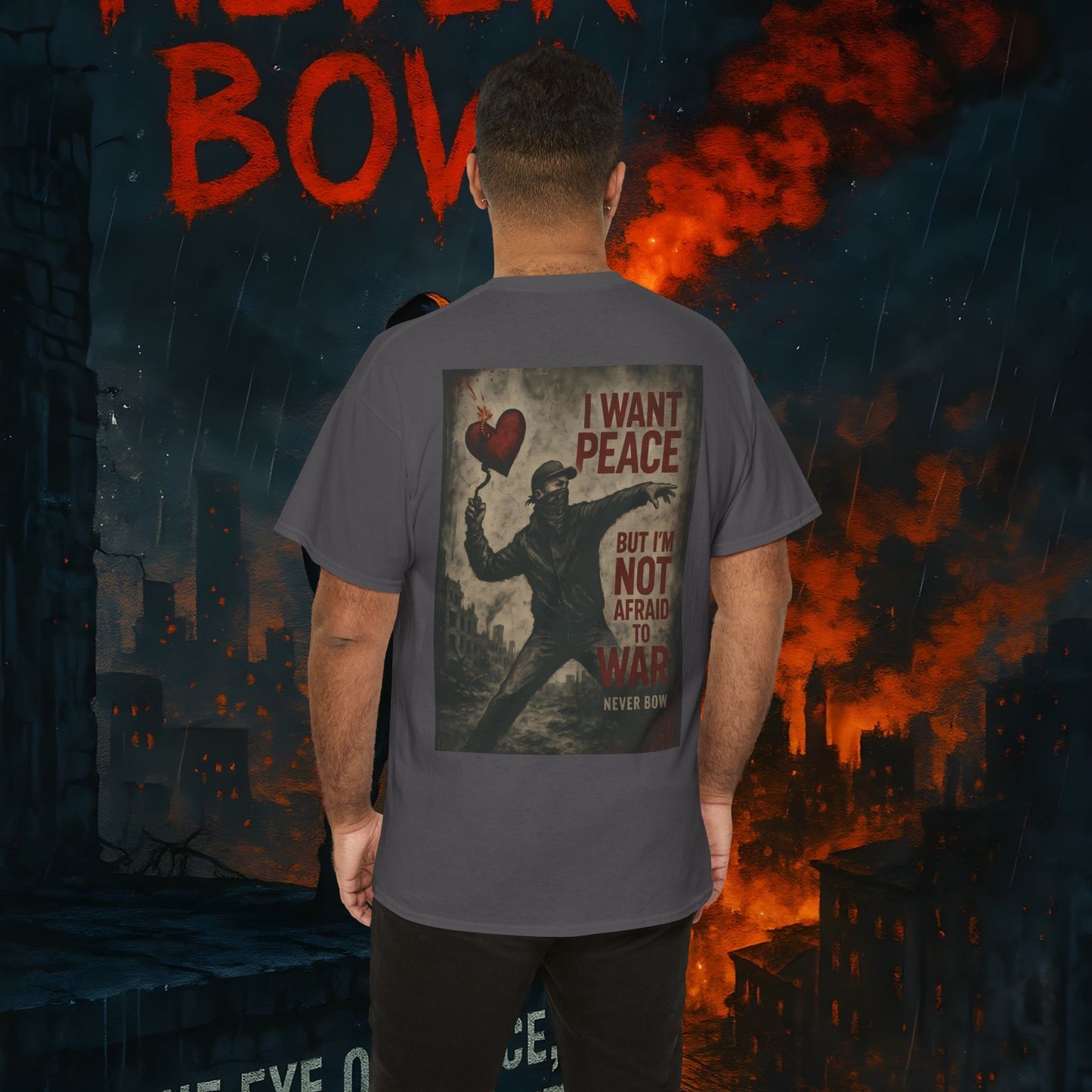 (Heavy Tee) Never Bow Co “I Want Peace, But I’m Not Afraid of War” Peace is the goal, but strength is the stance. This heavy cotton tee makes it clear: you won’t bow, fold, or run. Peaceful, fearless, and unbreakable.