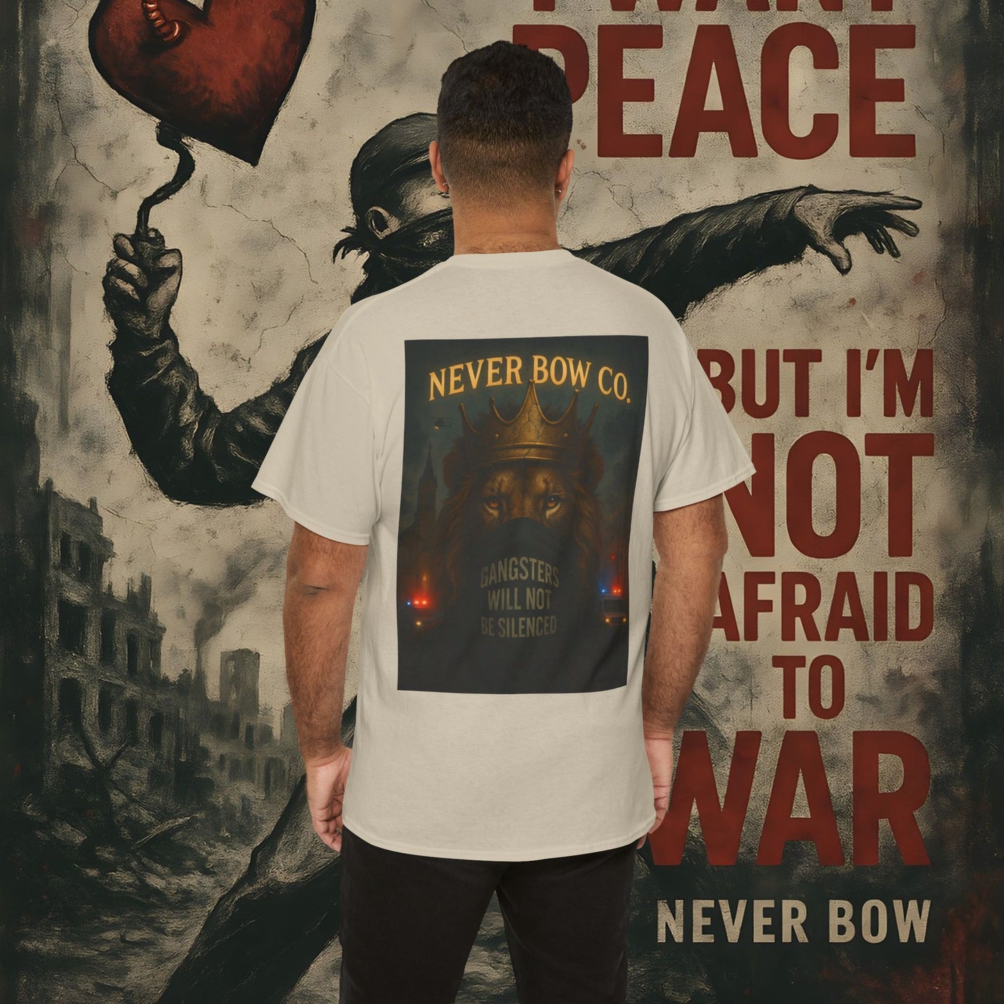 (Heavy Tee) Never Bow Co “Justice Will Be Heard” | Justice has a voice, and it roars from your back. Heavy cotton, bold print — a rebel’s declaration that truth echoes louder than lies. Wear it. Make them listen.