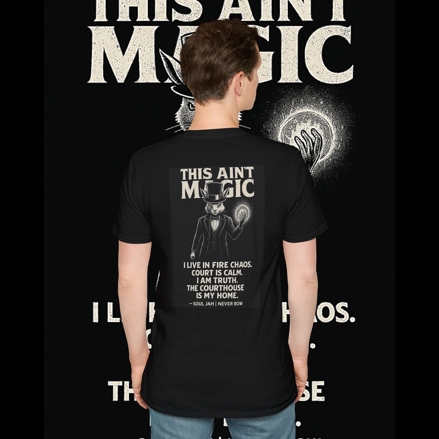 This Ain’t Magic Tee | Never Bow Co | Stand fearless in chaos. “This Ain’t Magic” is more than fabric — it’s truth in motion. Heavy cotton built for courtroom warriors, rebels, and believers who carry calm inside fire.
