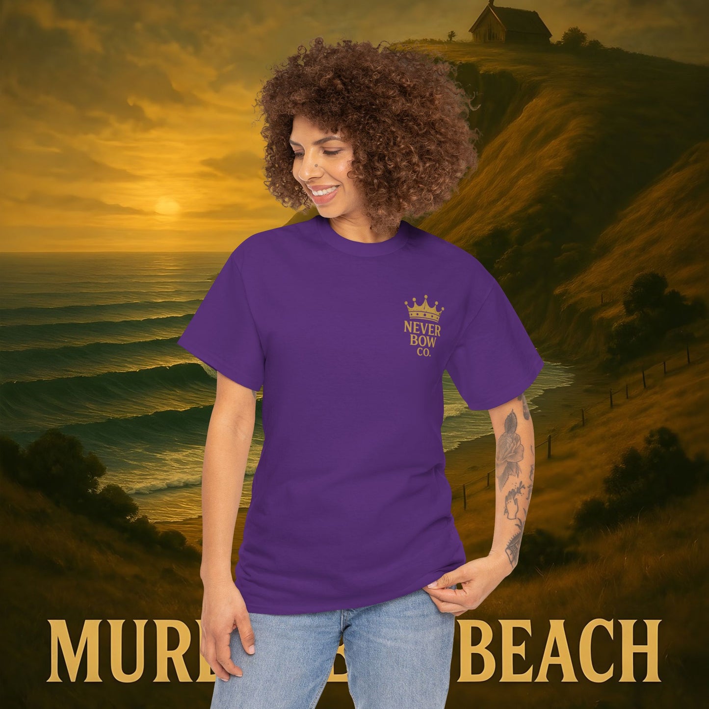 (Heavy Tee) Never Bow Co. “Murderers Beach” | Tribute to New Zealand’s Murderers Beach — a place of history, spirit, and defiance. Heavy cotton tee built for rebels, truth seekers, and ocean warriors. Wear the legend. Never Bow.