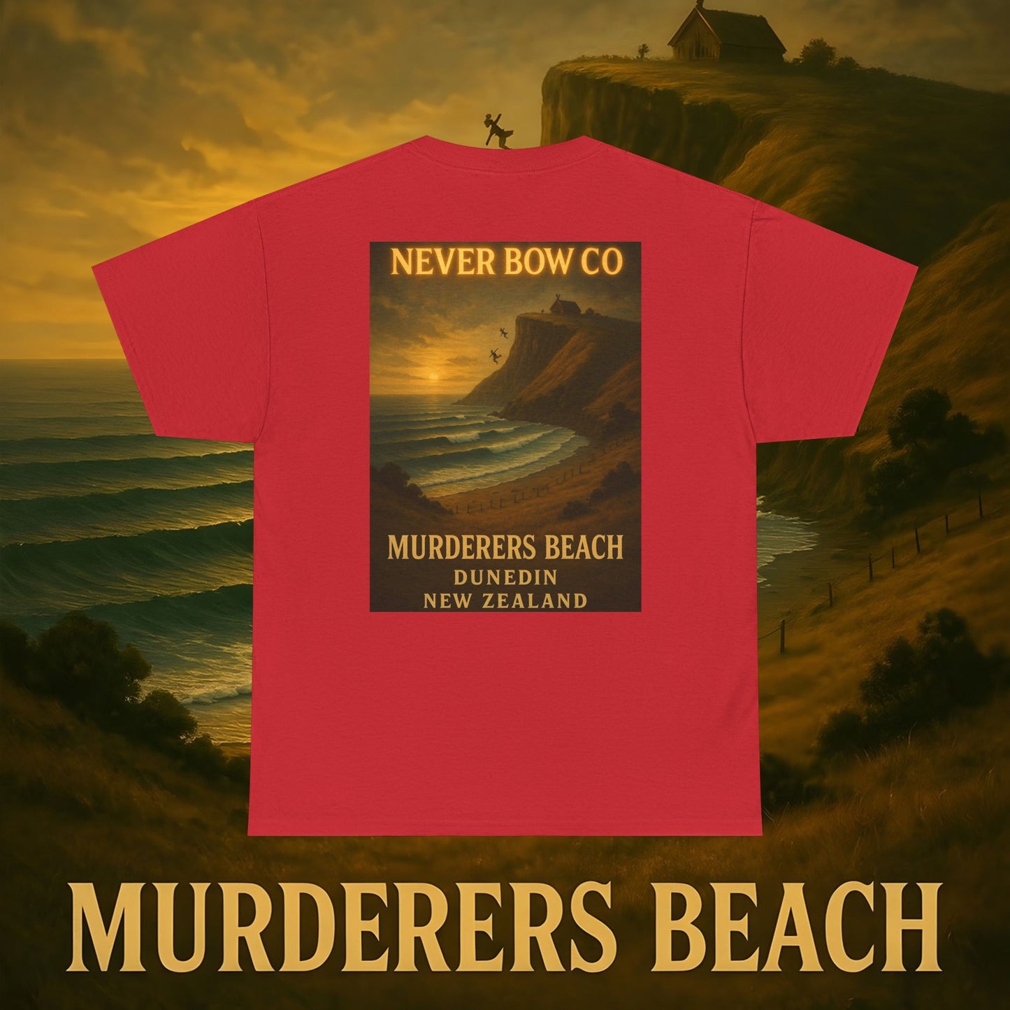 (Heavy Tee) Never Bow Co. “Murderers Beach” | Tribute to New Zealand’s Murderers Beach — a place of history, spirit, and defiance. Heavy cotton tee built for rebels, truth seekers, and ocean warriors. Wear the legend. Never Bow.