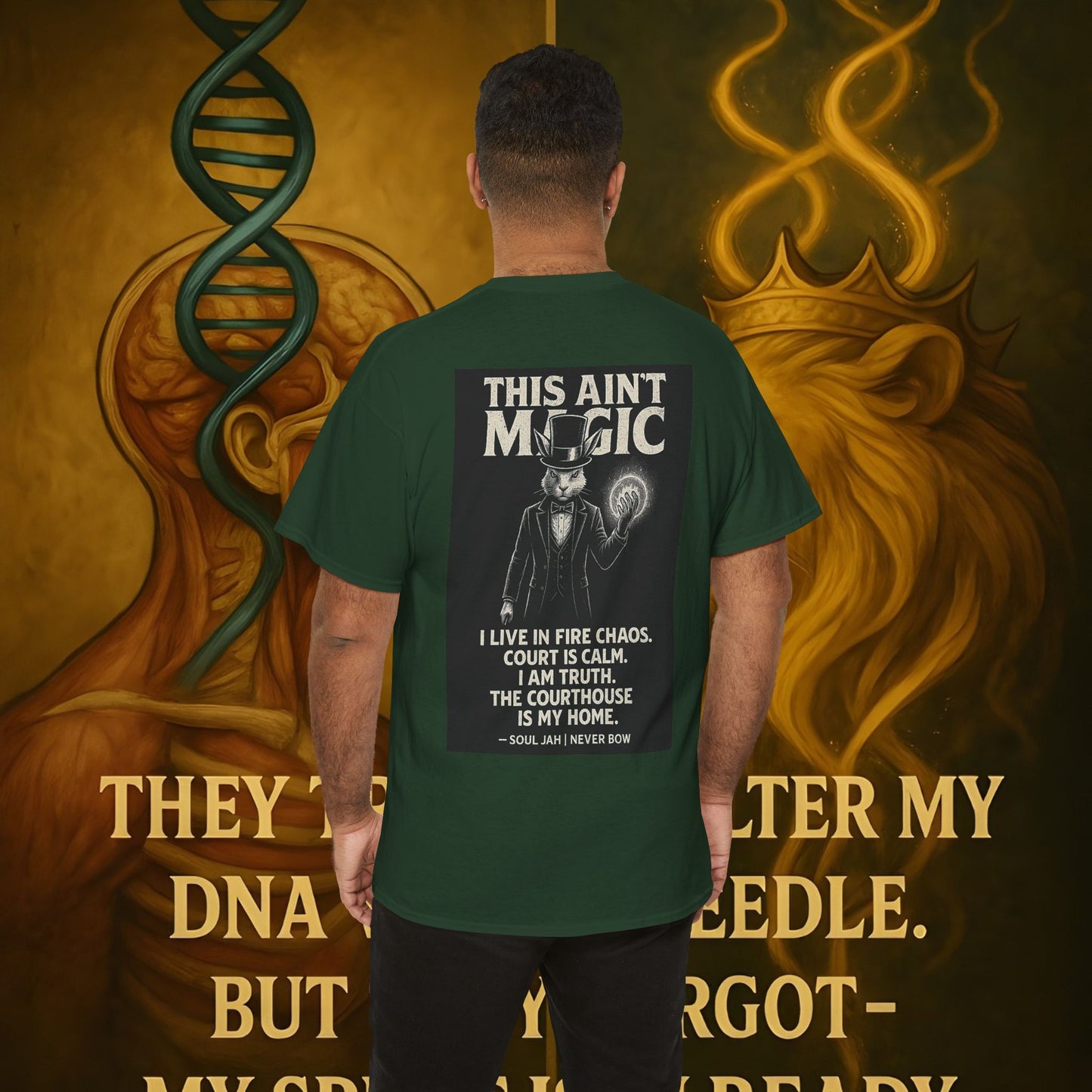 (Heavy Tee) This Ain’t Magic Tee | Chaos is loud. Court is calm. “This Ain’t Magic” lays it bare: truth stands taller than illusions. Heavy cotton built for warriors who carry fire inside but never bow.